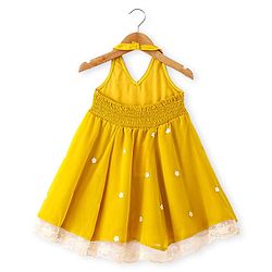 Babyhug Woven Sleeveless Floral Embroidered Ethnic Dress - Yellow