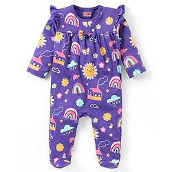 Babyhug Cotton Knit Full Sleeves Sleepsuit With Rainbow Print = Purple