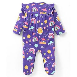 Babyhug Cotton Knit Full Sleeves Sleepsuit With Rainbow Print = Purple
