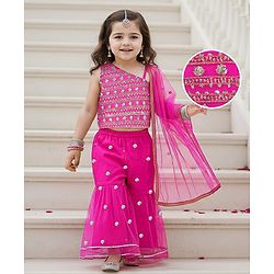 Babyhug Woven Sleeveless Sequin Embroidered One Shoulder Top With Palazzo & Dupatta- Fuschia