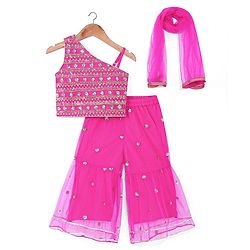 Babyhug Woven Sleeveless Sequin Embroidered One Shoulder Top With Palazzo & Dupatta- Fuschia