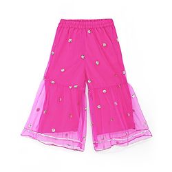 Babyhug Woven Sleeveless Sequin Embroidered One Shoulder Top With Palazzo & Dupatta- Fuschia