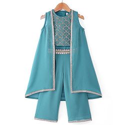 Babyhug Georgette Woven Sleeveless Sequinned Floral Embroidered Top & Palazzo Set with Lace Detailed  Shrug -  Teal Blue
