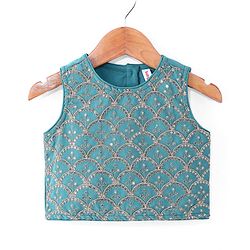 Babyhug Georgette Woven Sleeveless Sequinned Floral Embroidered Top & Palazzo Set with Lace Detailed  Shrug -  Teal Blue
