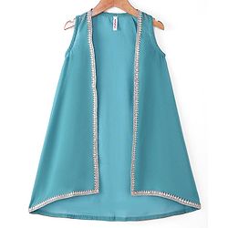 Babyhug Georgette Woven Sleeveless Sequinned Floral Embroidered Top & Palazzo Set with Lace Detailed  Shrug -  Teal Blue