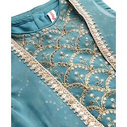 Babyhug Georgette Woven Sleeveless Sequinned Floral Embroidered Top & Palazzo Set with Lace Detailed  Shrug -  Teal Blue