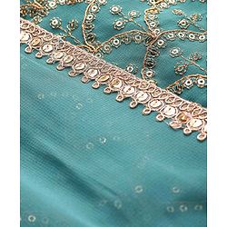 Babyhug Georgette Woven Sleeveless Sequinned Floral Embroidered Top & Palazzo Set with Lace Detailed  Shrug -  Teal Blue