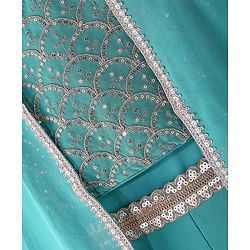 Babyhug Georgette Woven Sleeveless Sequinned Floral Embroidered Top & Palazzo Set with Lace Detailed  Shrug -  Teal Blue