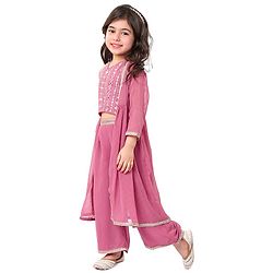 Babyhug Woven Three Fourth Sleeves Embroidered Top & Palazzo Set with Shrug Foil Embroidery - Rose Gold