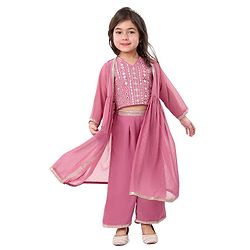 Babyhug Woven Three Fourth Sleeves Embroidered Top & Palazzo Set with Shrug Foil Embroidery - Rose Gold