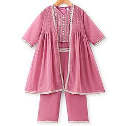Babyhug Woven Three Fourth Sleeves Embroidered Top & Palazzo Set with Shrug Foil Embroidery - Rose Gold