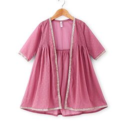Babyhug Woven Three Fourth Sleeves Embroidered Top & Palazzo Set with Shrug Foil Embroidery - Rose Gold