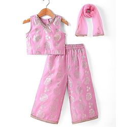Babyhug Sleeveless Sequinned  Embroidered Top with Sharara & Dupatta Indowestern Set - Pink