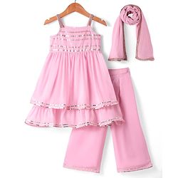 Babyhug Georgette Woven Singlet Sleeves Sequin Embroidered Kurti Palazzo Set with Dupatta - Pink