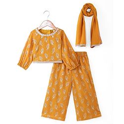 Babyhug Georgette Woven Full Sleeves Leaves Printed Sequined Embroidered  Top & Palazzo Set with Dupatta - Mustard