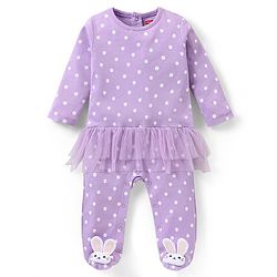 Babyhug Cotton Full Sleeves Lace Embellished Sleepsuit With Polka Dots Print - Lavender