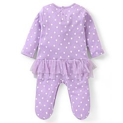 Babyhug Cotton Full Sleeves Lace Embellished Sleepsuit With Polka Dots Print - Lavender