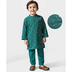 Babyhug Woven  Full Sleeves Sequinned Kurta Pyjama Set - Green