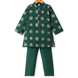 Babyhug Woven Floral  Full Sleeves Mandarin Collar Foil Printed Kurta & Pyjama Set - Green