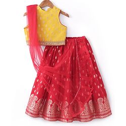 Babyhug Sleeveless  Brocade Choli Lehenga & Dupatta Set - Yellow & Red