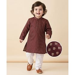 Babyhug Cotton Woven Full Sleeves Kurta & Pyjama Set With Floral Foil Print - Wine