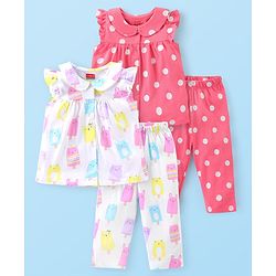 Babyhug Cotton Knit Frill Sleeves Peter Pan Collared Night Suit With Polka Dot Print Pack of 2- Pink & White