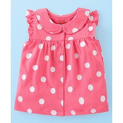 Babyhug Cotton Knit Frill Sleeves Peter Pan Collared Night Suit With Polka Dot Print Pack of 2- Pink & White