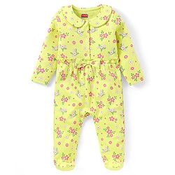 Babyhug Cotton Full Sleeves Sleepsuit With Floral Print - Green