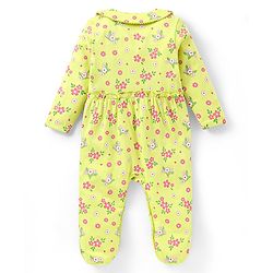 Babyhug Cotton Full Sleeves Sleepsuit With Floral Print - Green