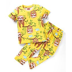 Babyhug Cotton Knit Half Sleeves Night Suit With Sloths Print - Yellow