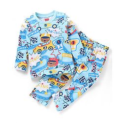 Babyhug Cotton Knit Full Sleeves Teddy Printed Night Suit - Blue