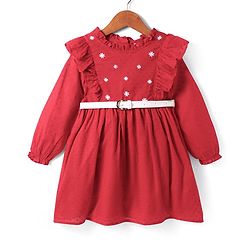 Babyhug Cotton Knit Full Sleeves Frock With Frill Detailing & Floral Embroidery -  Red