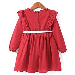 Babyhug Cotton Knit Full Sleeves Frock With Frill Detailing & Floral Embroidery -  Red