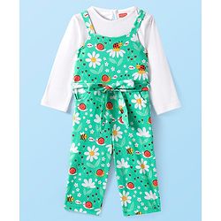 Babyhug Single Jersey Knit Jumpsuit & Full Sleeves T-Shirt With Floral Print - Green