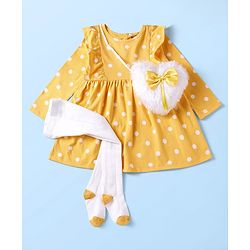 Babyhug Single Jersey Knit Full Sleeves Frocks With Stockings & Sling Bag Polka Dot Print - Mustard