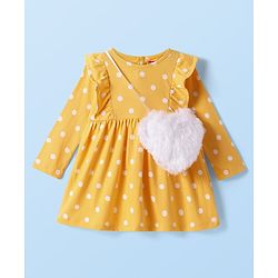 Babyhug Single Jersey Knit Full Sleeves Frocks With Stockings & Sling Bag Polka Dot Print - Mustard