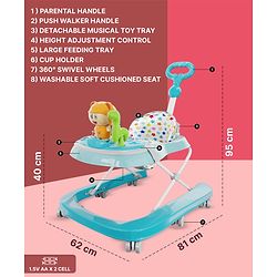 Babyhug Baby Walker with Parental Handle and Musical Toy Tray - Blue