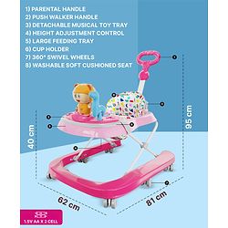 Babyhug Baby Walker with Parental Handle and Musical Toy Tray - Blue
