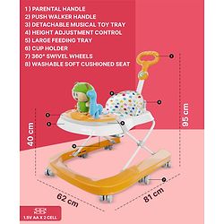 Babyhug Baby Walker with Parental Handle and Musical Toy Tray - Blue