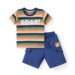 Babyhug Cotton Knit Half Sleeves Striped T-Shirt & Shorts Set With Text Print & Lion Patch - Multicolor