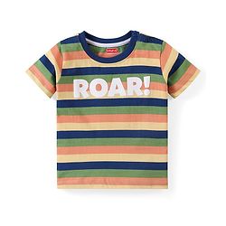 Babyhug Cotton Knit Half Sleeves Striped T-Shirt & Shorts Set With Text Print & Lion Patch - Multicolor