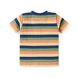 Babyhug Cotton Knit Half Sleeves Striped T-Shirt & Shorts Set With Text Print & Lion Patch - Multicolor