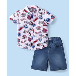 Babyhug Cotton Woven Half Sleeves Shirt & Denim Shorts Set with Text Print - Multicolour