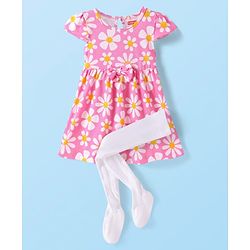 Babyhug Single Jersey Knit Half Cap Sleeves Floral Printed Frock with Leggings & Bow Applique - Pink