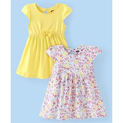 Babyhug Single Jersey Knit Cap Sleeves Frocks with Floral & Polka Dots Print Pack of 2 - Multicolour