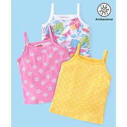 Babyhug 100% Cotton Knit Singlet Sleeves Antibacterial Slips with Floral & Polka Dots Print Pack of 3 - Pink Yellow & White
