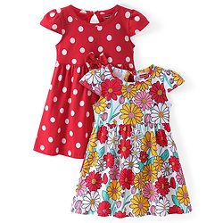 Babyhug Single Jersey Knit Cap Sleeves Frocks with Polka Dots & Floral Print & Bow Applique Pack of 2 - Multicolour