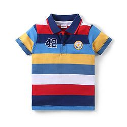 Babyhug Single Jersey Knit Half Sleeves Striped Polo T-Shirt & Denim Shorts Set - Multicolor