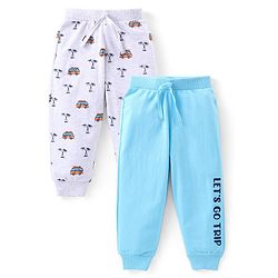 Babyhug Cotton Knit Full Length Lounge Pants with Vehicle Print Pack of 2 - Grey & Blue