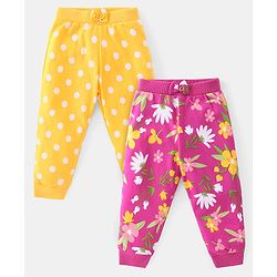 Babyhug Cotton Knit Full Length Lounge Pants with Polka Dot & Floral Print Pack of 2 - Yellow & Pink